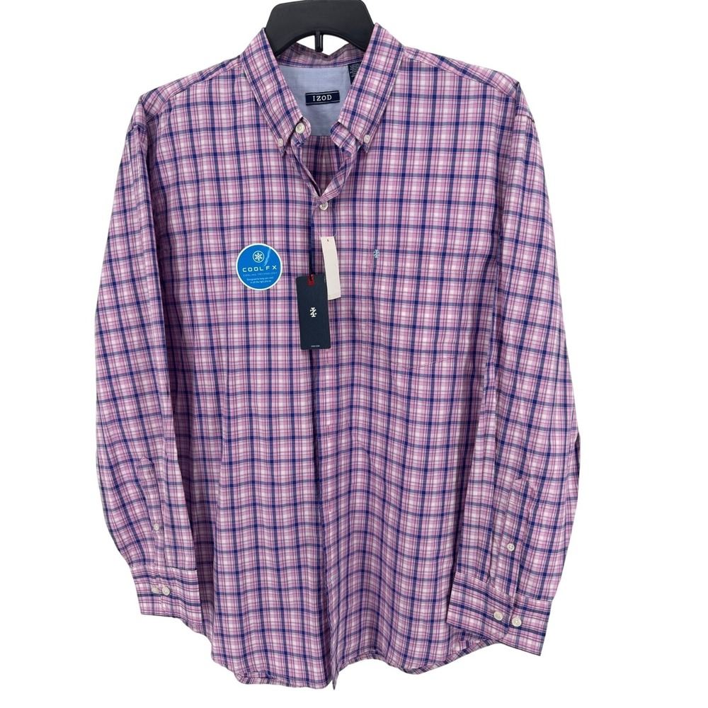 IZOD Mens Shirt Large Pink Blue Breeze Collection Plaid Button Down Long Sleeve